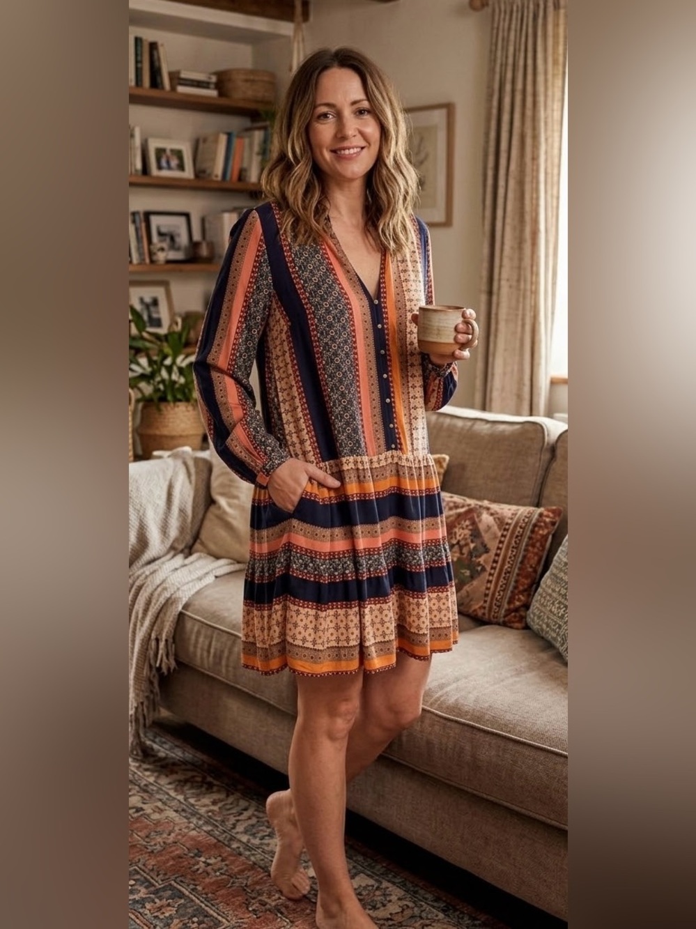 Boho Floral Geo Print Long Sleeve Tiered Mini Dress - V-Neck Henley. Size M